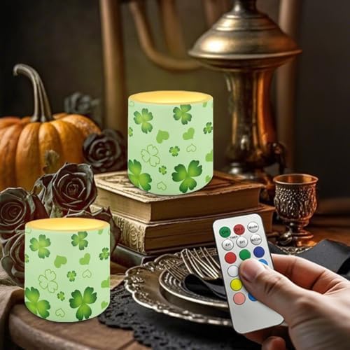 Pack of 4 Flickering Flameless Candles with Remote St Paddy Shamrocks Battery Operated LED Candles with Timer Elictric Pillar Lights for Home Decoration - Image 4
