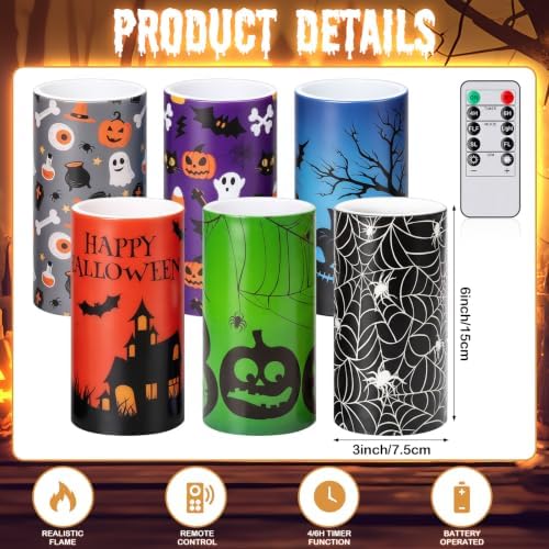 Fumete 6 Pack Halloween Flameless LED Pillar Candles 3x6 Timer Remote 4/6h - Image 2