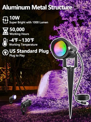 Christmas RGBW Outdoor Spotlights for Yard, 10W Color Changing Landscape Lights with Remote Control 120V LED Landscape Lighting Waterproof Spotlight with Plug Tree Garden Path Decoration(2Pack) - Image 2
