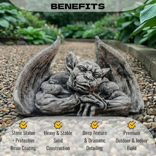 OLOMA Gothic Resting Gargoyle Concrete Garden Statue Winged Demon Fantasy Sculpture Outdoor Garden Yard Patio Graveyard Halloween Decor Weather Proof Accent Decor - Image 3