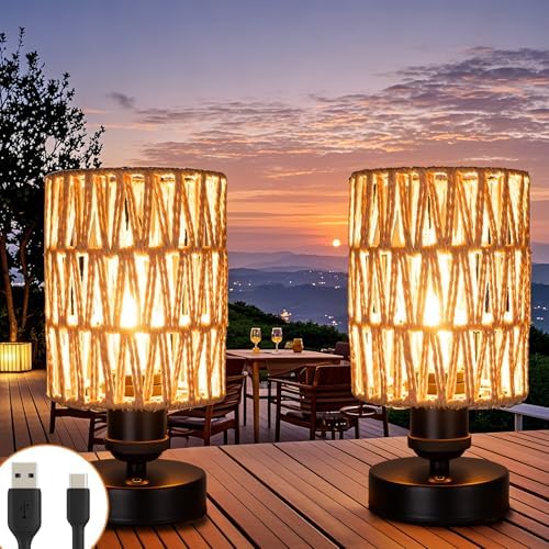 Cordless Rechargeable Outdoor Table Lamps, Battery Operated Table Lamp, Stepless Dimmable for Patio, Living Room, and Bedroom (Bulb Included) - Set of 2 (Beige) by ALLFORTUNE