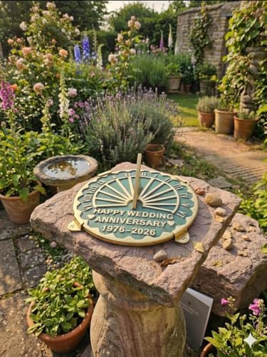 Brass Sundial Garden Clock Wedding for Couples Engraved Roman Numeral Sundial –50th Anniversary (Green/Brass, 10 Inch) - Image 3