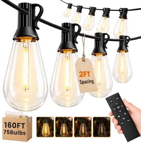 160FT(150+10) Outdoor LED String Lights with 2FT Bulb Spacing, Waterproof, Shatterproof, Dimmable, Warm White, 3 Lighting Modes, Timer, Plug in Hanging Backyard Lights for Outside, Patio by Unknown