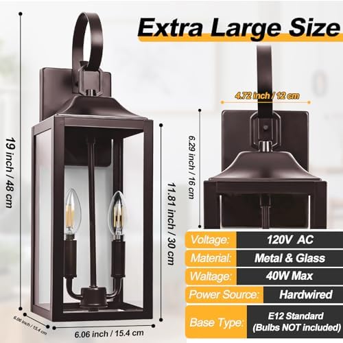 19" Oil Rubbed Bronze Outdoor Wall Lantern 2-Light, Porch & Patio Lights - Image 3