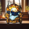 Cute Cozy Ghost Reading Acrylic Suncatcher - Faux Stained Glass Indoor Window Hanging Ornament, Outdoor Sun Catcher Panel, Home Decor Gift for Ghost Lovers by Unknown