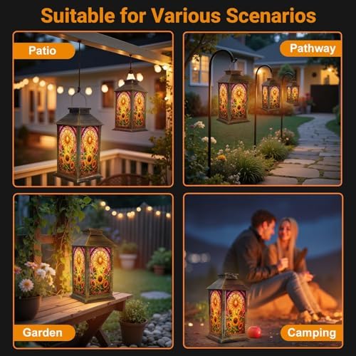 Solar Lantern Outdoor Waterproof Stained Glass effect Sunflower Artwork Radiant Sunburst Vibrant Colors Garden Decor LED Hanging Solar Lights Tabletop Lamp Gifts for Women Mom Outside Yard Patio Porch - Image 6