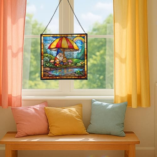 Gnome with Umbrella Stained Glass Suncatcher – Square Hanging Window Panel for Home, Garden, Nursery, Halloween, Christmas, Memorial Day – Whimsical Glass Art Gift for Gnome Lovers h4vwi8 - Image 5