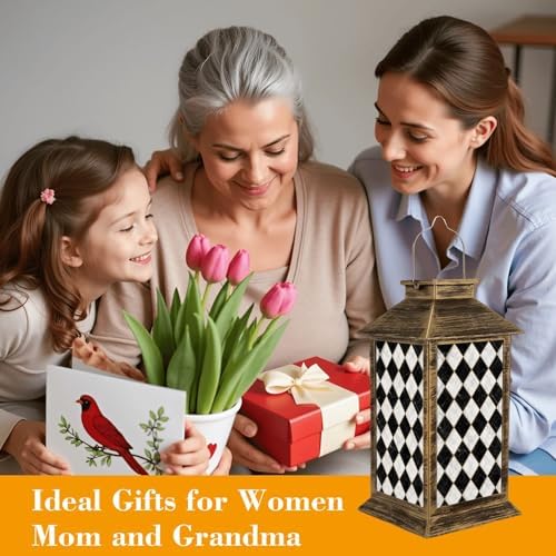 Solar Lantern Outdoor Waterproof White Black Check Marble Seamless Repeat Diagonal marbling Garden Decor LED Hanging Solar Lights Tabletop Lamp Gifts for Women Mom Outside Yard Patio Porch - Image 4