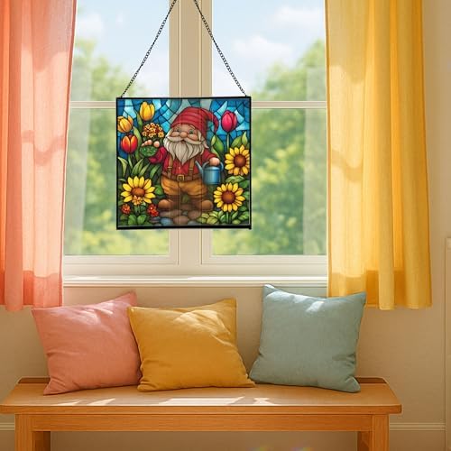 Spring Garden Gnome Stained Glass Suncatcher – Square Hanging Window Panel for Home or Greenhouse – Whimsical Glass Art Gift for Garden Lovers, Christmas, Halloween, Father Days YhRWhP - Image 5