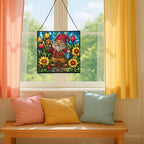 Spring Garden Gnome Stained Glass Suncatcher – Square Hanging Window Panel for Home or Greenhouse – Whimsical Glass Art Gift for Garden Lovers, Christmas, Halloween, Father Days YhRWhP - Image 5