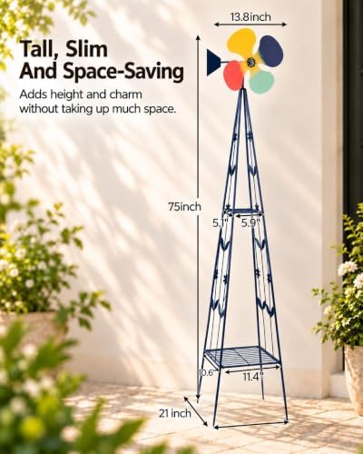 6FT Windmill for Yard Garden Decoration, Heavy Duty Outdoor Wind Mills, Large Metal Outdoor Windmill, Weather Resistant, with Storage Shelf and Weather Vanes, Dark Blue - Image 4