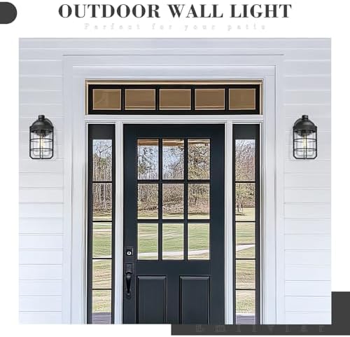 Emliviar 1-Light Outdoor Wall Sconce, Metal Cage Industrial Exterior Wall Light Fixture, Clear Tempered Glass with Black Finish, GE255BL BK - Image 2