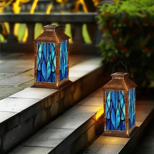 Solar Lantern Blue Stained Glass Window Seamless for Modern Design Luxury Outdoor Garden Hanging Lantern Waterproof Solar Powered Lighting Outside Table Lamp for Deck Yard Camping Patio Decor - Image 6
