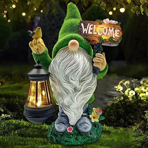 Lovinland Garden Gnome Statue Outdoor Decor Large Flocked Resin Gnome Figurine with Solar Light Holding Lantern Welcome Sign Garden Yard Decorations Dwarf Sculpture for Outside Patio Porch Lawn Decor by Lovinland