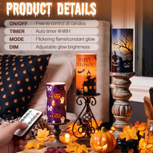 Fumete 6 Pack Halloween Flameless LED Pillar Candles 3x6 Timer Remote 4/6h - Image 4
