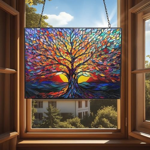 Rectangle Tree of Life Stained Glass Window Hanging, 15" W X 11" H Stained Glass Panel with Chain, Suncatchers for Windows Hanging Decorations, Gifts for Mom, Grandma, Wife, Sister - Image 4