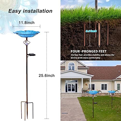 Homight Solar Glass Blue Bird Bath Garden Outdoor Birdbath with Metal Stake - Image 2