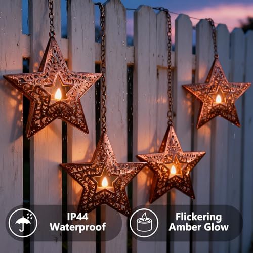 Hanging Solar Lights for Trees Outside, 4 Pack 6-Inch Hanging Star Lanterns with Solar Tea Lights Outdoor Waterproof, Icetry Star Light, Tree Lanterns Decoration for Porch Patio Pergolas Yard - Image 3