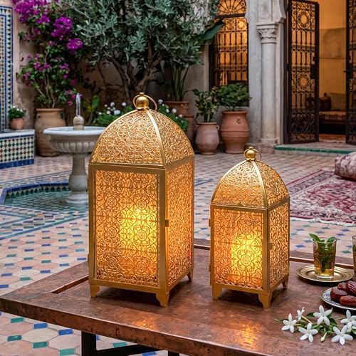 TRIROCKS Set of 2 Vintage Decorative Candle Lantern 12''&16.5'' High Metal Candle Holder Hanging Lantern with Hollow Pattern for Living Room Garden Parties Events Indoors Outdoors(Gold) - Image 6