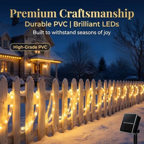 Solar Rope Lights Outdoor Waterproof 2 Pack, 66ft 200 LED Warm White String Lights with 8 Modes, Flexible Clear Tube Fairy Lights Auto On/Off for Garden Patio Fence - Image 2