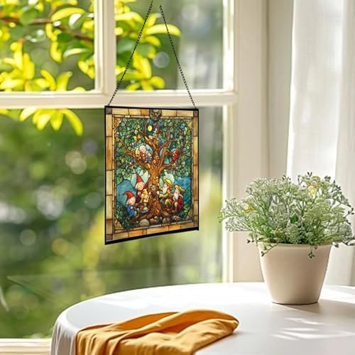 Gnome with Family Tree Stained Glass Suncatcher – Square Hanging Window Panel for Home, Garden, Nursery, Halloween, Christmas, Memorial Day – Whimsical Glass Art Gift for Gnome Lovers 1cp3fp - Image 3