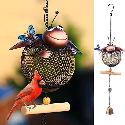 Solar Ladybug Wild Bird Feeders Squirrel Proof for Outside - Unique Cute Metal Ladybug Bird Feeder with Solar Light, Wind Chime, Gift for Bird Lovers(Ladybug) by WTreeW