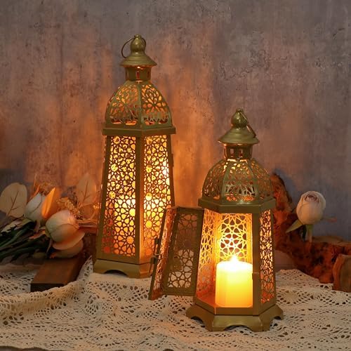 2 Pack Moroccan Lantern Lamp Decorative Candle Holders for Ramadan Decorations, Hanging, Outdoor Patio or Porch, Indoor Home Decor（Gold） - Image 2
