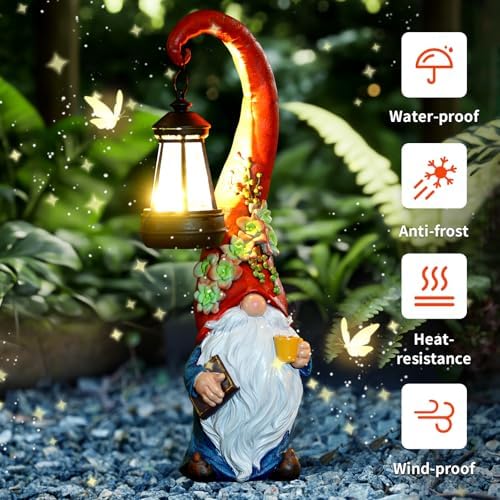 Solar Coffee Gnome Garden Statue with Lantern, 13.3-Inch Decor - Image 2