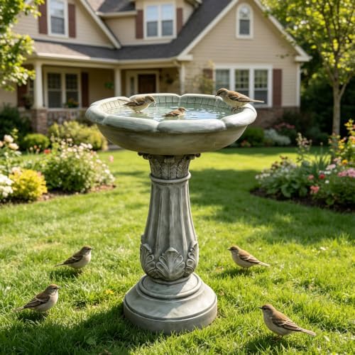 Hamiedun 23.23”Tall Resin fiber Outdoor Bird Baths for Garden - Standing Birdbath, with Decorative Carving Pedestal Birdbaths,for Garden, Patio, Lawn, Backyard (23.23''H) by Hamiedun