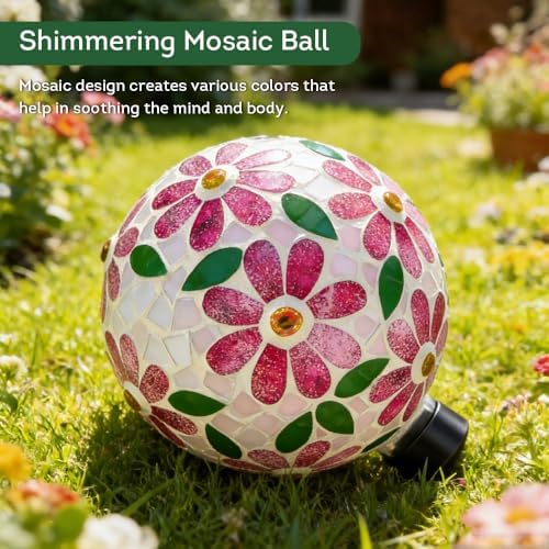 Lily's Home Colorful Mosaic Glass Gazing Ball, Durable Outdoor Reflective Globe - Enhances Yard, Patio, Home Ambiance for Garden Lovers, Vibrant Glass Flower Pattern (10" Diameter) - Image 3