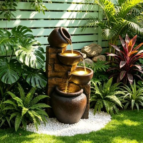 Outdoor Water Fountain with Lights 4 Tier Cascading Pot Waterfall Resin Garden Fountain for Patio Yard Porch Landscape - Image 3