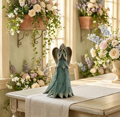 Napco Praying Angel Faith Plant Leaf 11 x 6 x 6.5 inches Blue and Bronze Resin Stone Collectible Figurine Statue Sculpture, Indoor Outdoor Garden Décor - Image 3