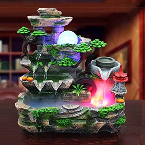 Tabletop Fountain Ornament, 110V Desktop Waterfall Fountain with LED Atomizer and Pond, Featuring Realistic Waterfall Artificial Trees, Rockery Water Fountains for Indoor Home Office Desk Decor (F) - Image 2