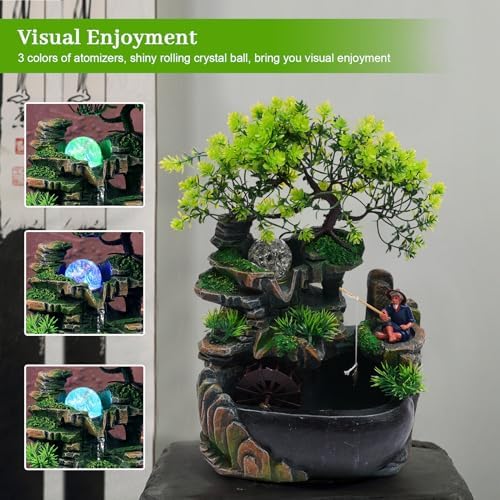 Tabletop Fountain Rockery Waterfall, Desktop Miniature Rockery Crafts with Plants Stones LED Lamp for Home Office and Bedroom Study Room - Image 5