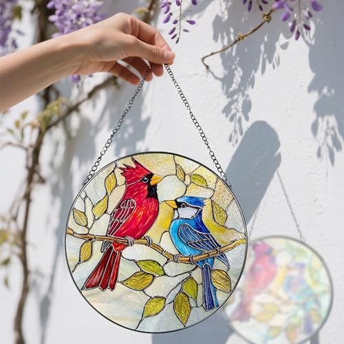 8″ Cardinal & Blue Jay Suncatcher, Stained Glass Window Hanging & Ornament, Window Decor, Holiday & Christmas Ornaments | Bird Lover Gifts, Gifts Exchange, Gift Ideas - Image 3
