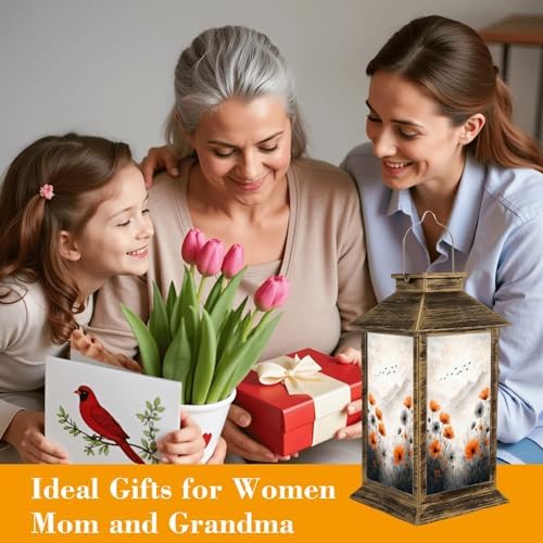 Solar Lantern Outdoor Waterproof Flowers Landscape Farmhouse Paintings Aesthetic Orange Grey Birds Garden Decor LED Solar Lights Hanging/Tabletop Lamp Gifts for Women Mom for Outside Yard Patio - Image 4