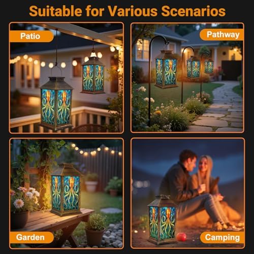 Solar Lantern Outdoor Waterproof Stained Glass Octopus Vibrant Blue Orange Tones Garden Decor LED Hanging Solar Lights Tabletop Lamp Gifts for Women Mom Outside Yard Patio Porch - Image 6