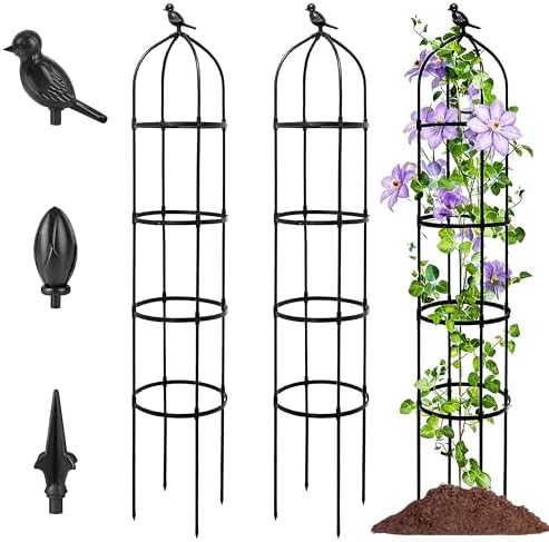 2-Pack 6FT Garden Obelisk Trellis for Climbing Plants,Adjustable 4-Tier Metal Plant Support,Rustproof Outdoor Plant Tower with 3 Decorative Tops for Roses,Tomatoes,Clematis & Vines,Black by TCBWFY