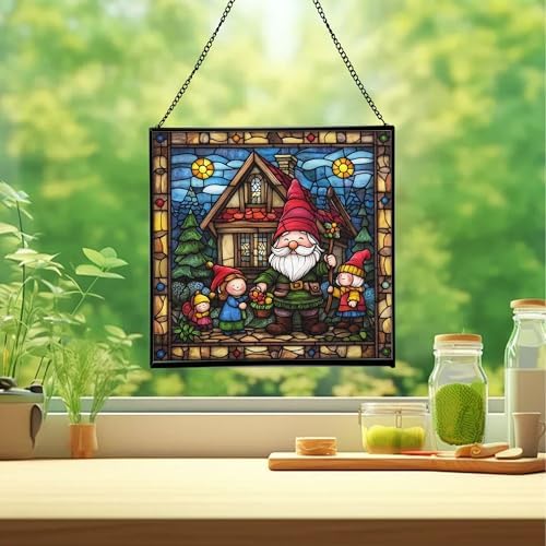 Gnome with Seasonal Celebration Stained Glass Suncatcher – Square Hanging Window Panel for Home, Garden, Nursery, Halloween, Christmas, Memorial Day – Whimsical Glass Art Gift for Gnome Lovers p7qbtj - Image 2