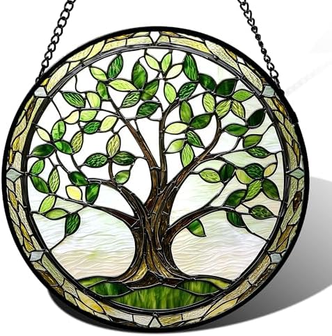 Green Tree of Life Stained Glass Window Hanging Decor Gifts for Women 15" by amderven