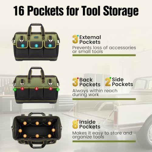 18 Inch Heavy Duty Tool Bag, 16-Pocket Tool Box Organizer, Green - Image 3
