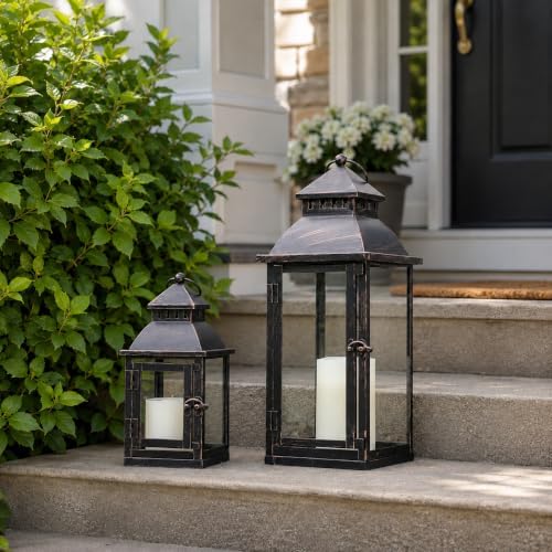 NEEDOMO Lanterns Decorative Outdoor&Indoor, Set of 2 Large Bronze Metal Lantern Decor with Glass, Candle Holder for Porch, Patio, Garden, Balcony, Wedding, Table Centerpiece Decorations - Image 2