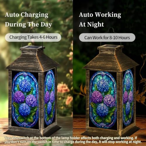 Solar Lantern Stained Glass Style Hydrangea Outdoor Waterproof Garden Hanging Lantern Solar Powered Lighting Outside Solar Light for Patio Yard Camping, Gifts for Women Mom - Image 4