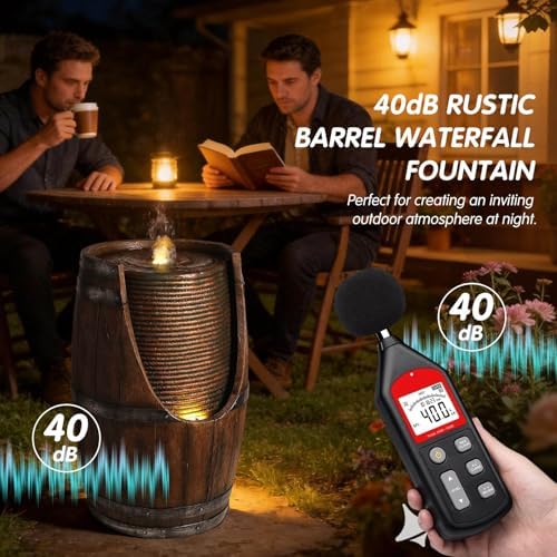 24.8" Rustic Wood Barrel Waterfall Fountain with LED Lights, Tiered Outdoor Resin Water Feature for Zen Garden, Patio & Porch Decor, Floor-Standing Fountain with Pump - Image 4