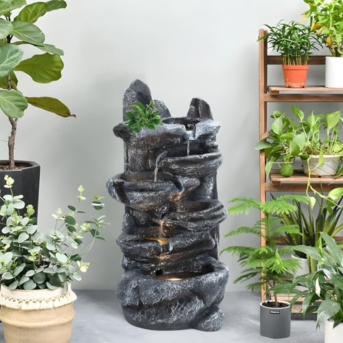6-Tier Cascading Rock Water Fountain Outdoor Garden Waterfall with LED Lights,Fountain Indoor Decor for Garden, Patio, Backyard, Deck, Porch and Home Art Decor with Natural Stone Look - Image 4