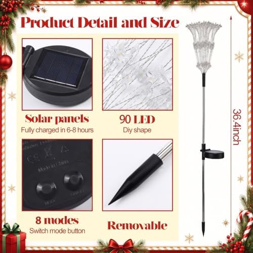 Tujoe 4 Pcs Pentagram Solar Firework Lights Decorations Garden Pathway Solar Power Light Stake Waterproof with 90 LED 8 Modes Star Firework Lights Decoration for Outside Decor, Warm White - Image 3