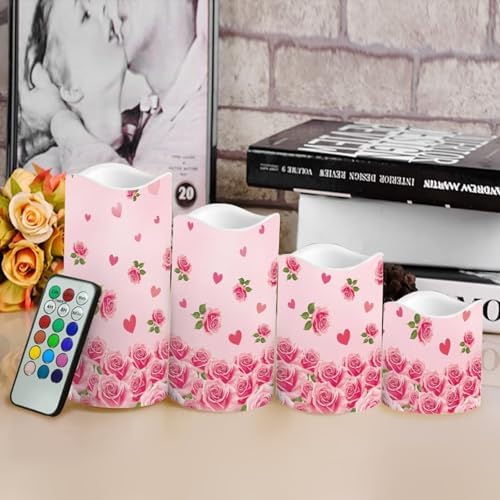 Rose Pattern Flameless Pillar Candles Set of 4 Battery Operated Candles Valentines Day Decorations Led Candles Tea Light Fake Candles Wedding Home House Decor - Image 4