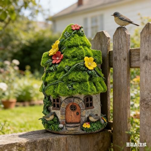 COWOS Solar Powered Mossy Fairy Cottage with LED Lights - Resin Miniature Garden House, Waterproof Outdoor Statue for Patio, Yard, Lawn, Gift for Garden Lovers & Kids - Image 4
