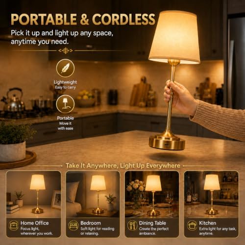 Yunaking Rechargeable Gold Table Lamp: Cordless Lamp with 3 Color Dimmable - Image 3