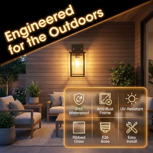 2-Pack 13-Inch Matte Black Outdoor Wall Light, All-Metal Frame - Image 2